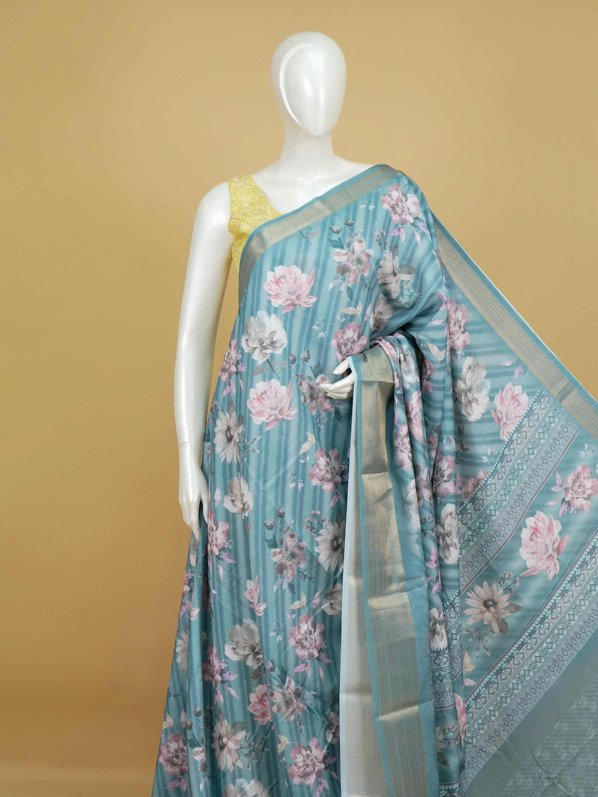 Teal blue floral printed designer art silk saree with gold zari border