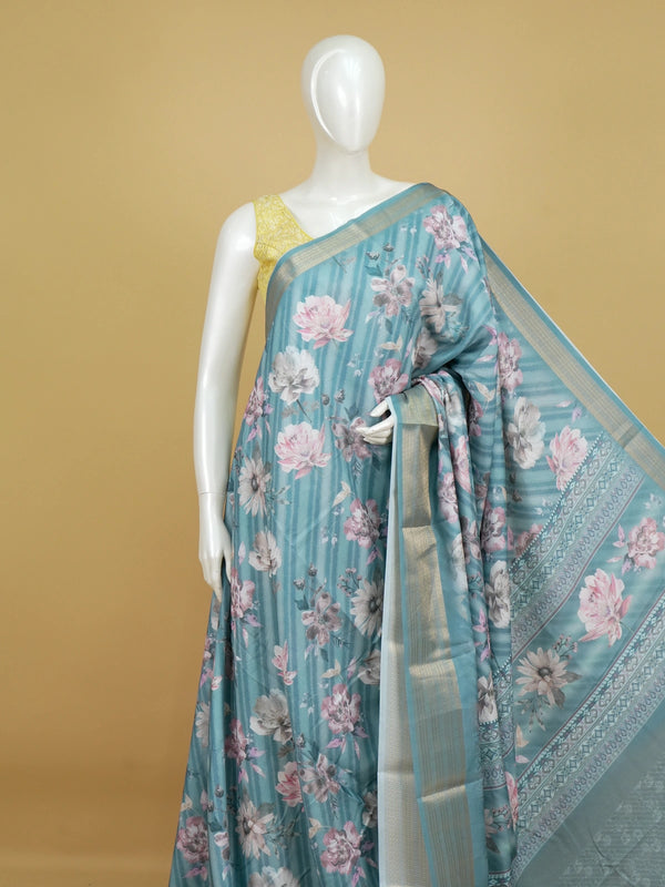 Teal blue floral printed designer art silk saree with gold zari border