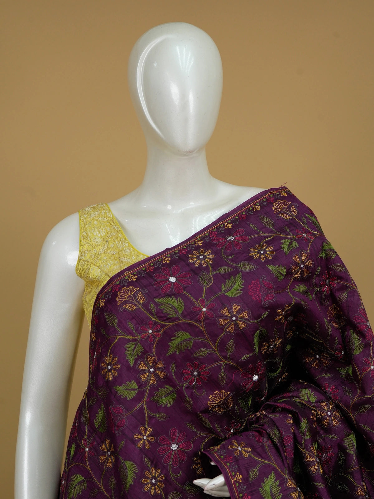 Purple semi tussar saree with allover multi-colour floral embroidery and paisley border