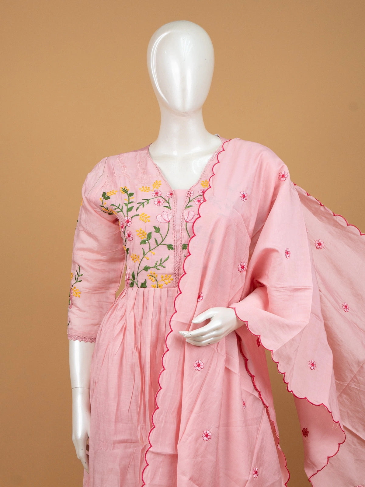 Pink floral embroidered cotton Anarkali kurti set with matching dupatta and pants