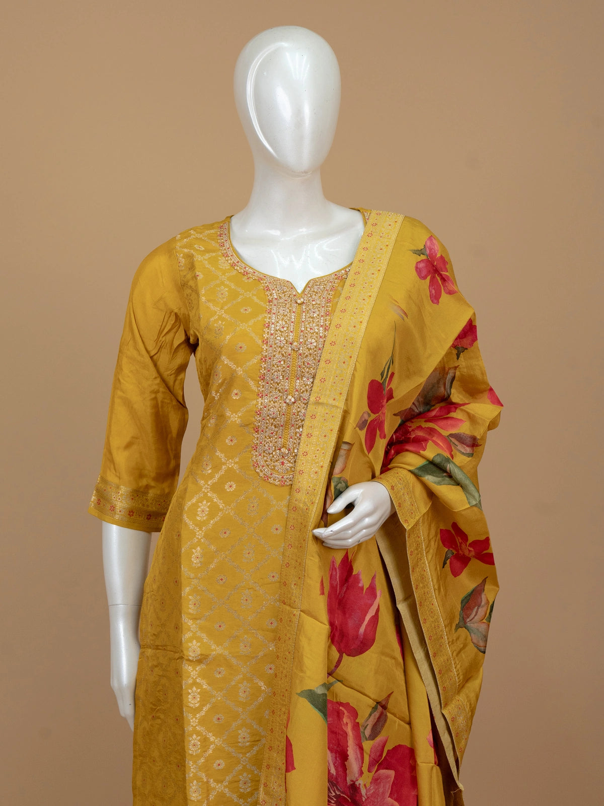 Mustard yellow zari woven silk embroidered straight cut kurti set with floral printed dupatta