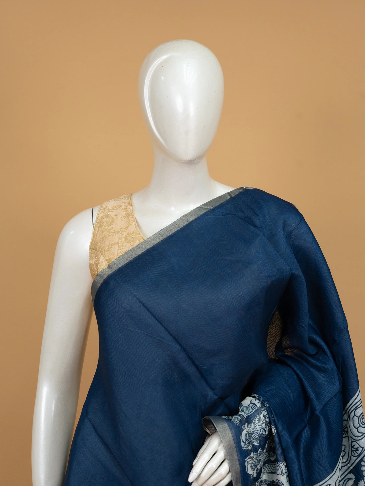 Navy blue linen cotton saree with grey border and white Kalamkari peacock and floral pallu