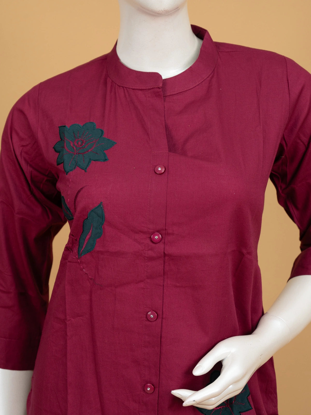 Wine cotton co-ord kurti set with green floral applique and matching straight pants