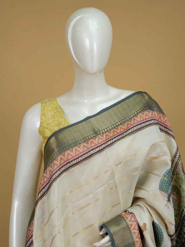 Cream and grey semi tussar saree with gold zari stripes and folk-art printed pallu