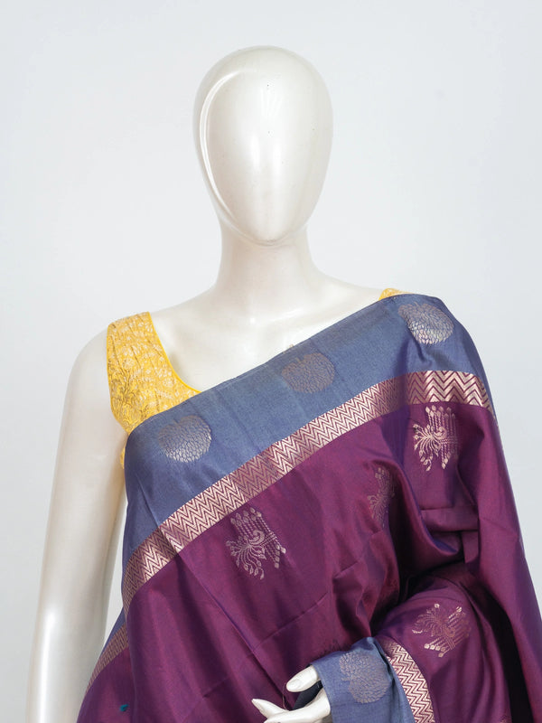 Purple Kanchipuram fancy silk saree with grey-blue contrast border and gold zari buttas