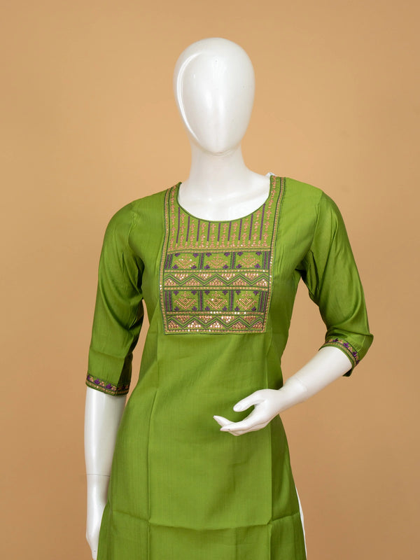 Green cotton silk straight cut kurti top with purple and gold embroidered yoke