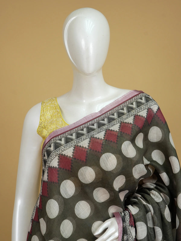 Olive brown and cream polka dot linen cotton saree with maroon geometric border and contrast blouse