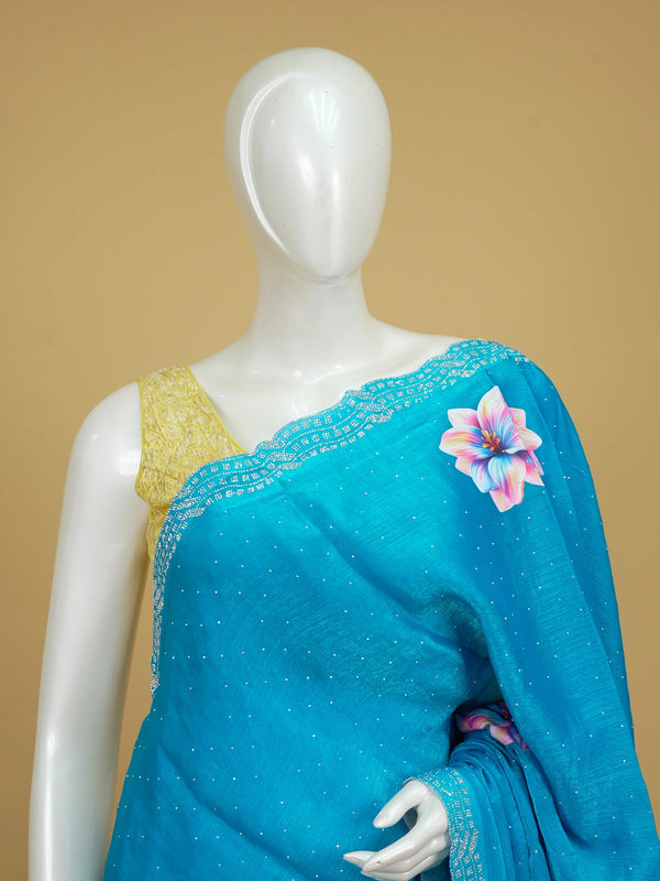 Teal blue designer art silk saree with multicolour floral prints and stone-work scalloped border