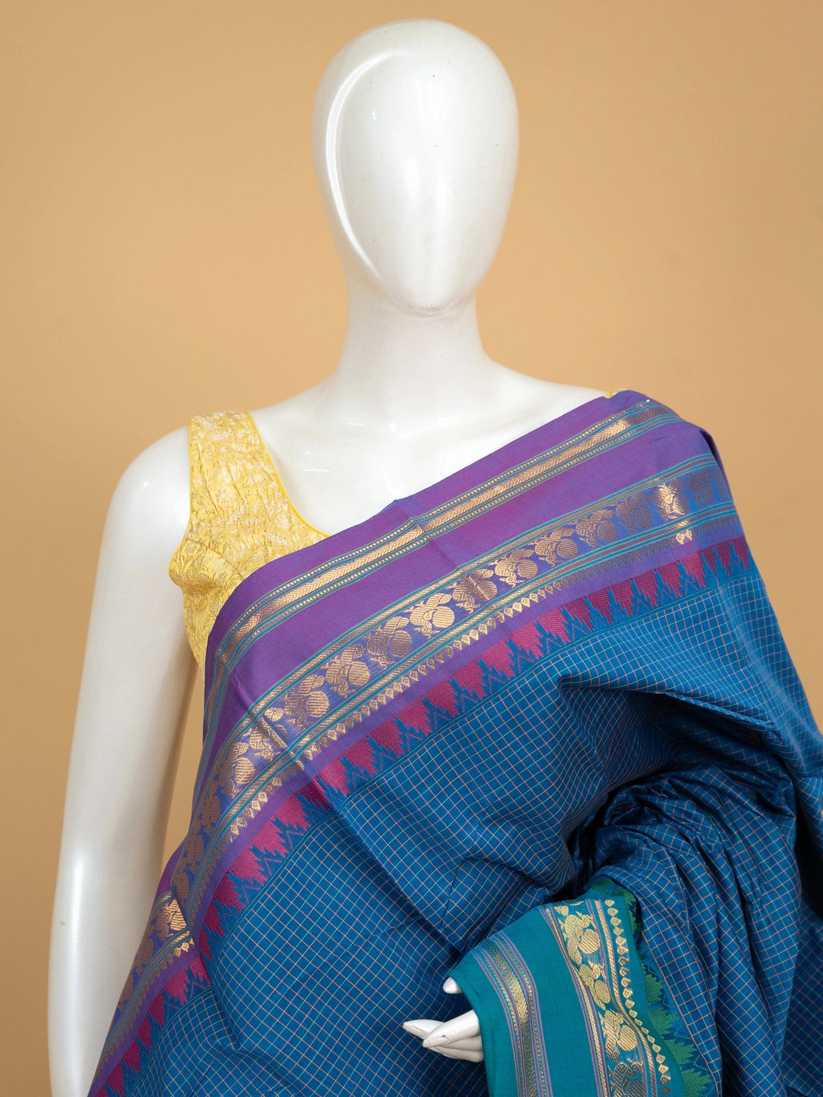 Peacock blue Chettinad cotton saree with purple and teal contrast zari borders and striped pallu