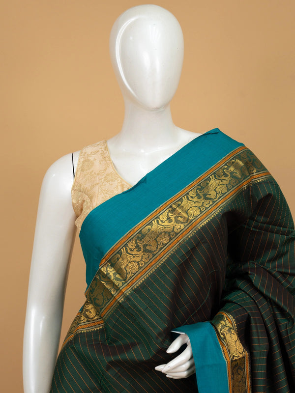 Bottle green Chettinad cotton saree with mustard pinstripes, teal gold zari border and maroon striped pallu