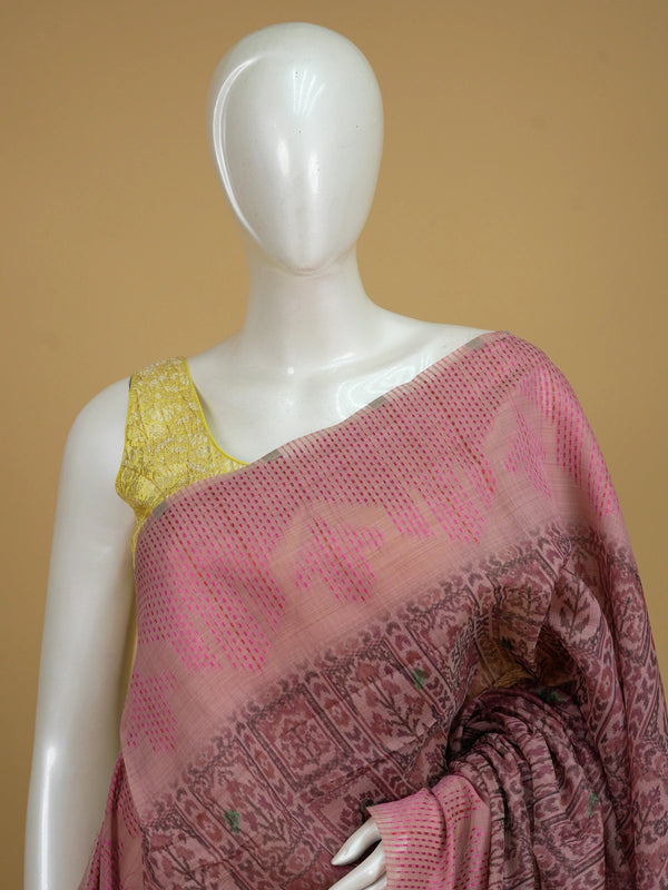 Dusty pink linen cotton saree with ikat patola body and Madhubani bird pallu