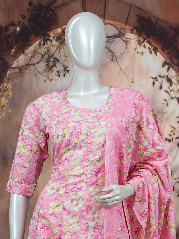 Pink floral cotton A-line kurti set with matching dupatta and striped pants
