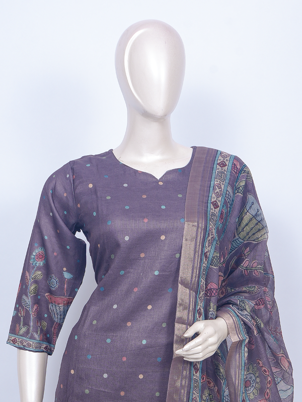 Mauve Kalamkari print cotton silk kurti set with printed pants and zari border dupatta