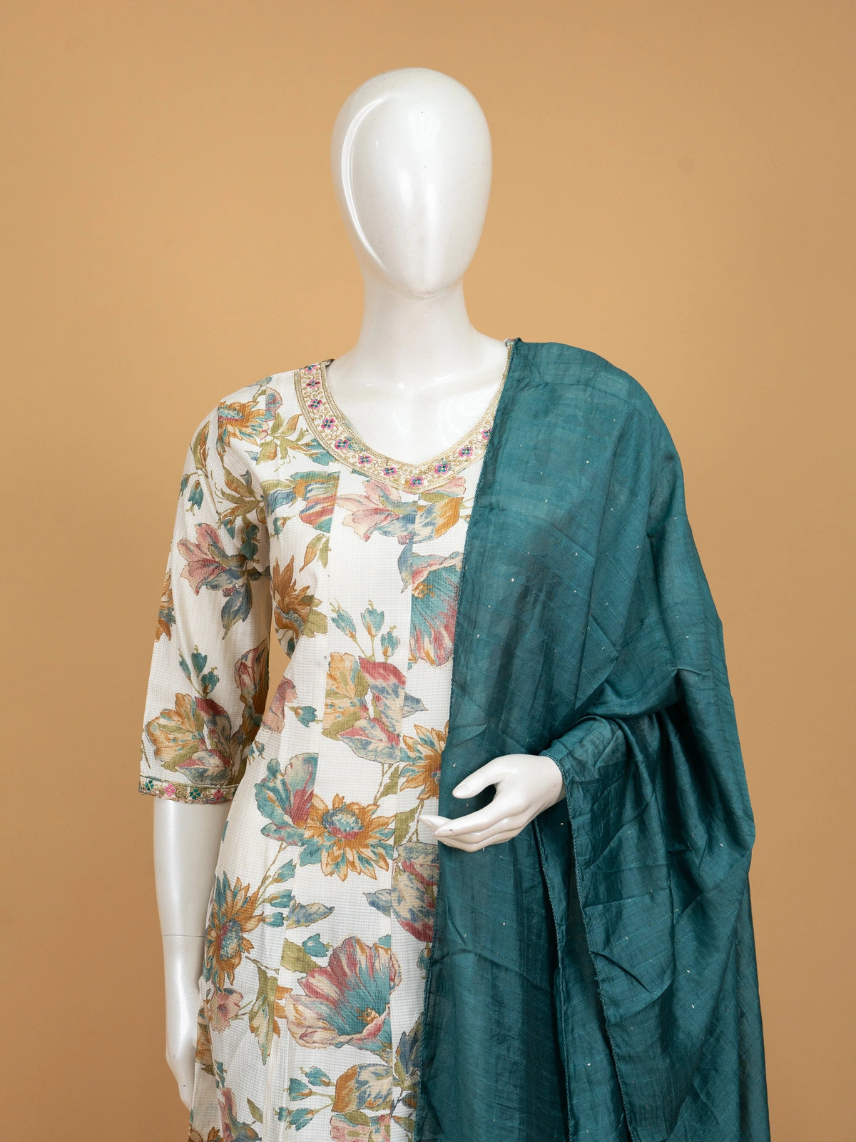 Off-White floral print A-line kurti set with embroidered neckline and teal dupatta