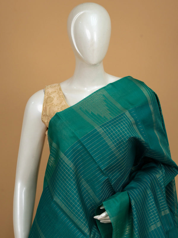 Teal green pure silk cotton saree with gold zari checks and contrast temple zari border