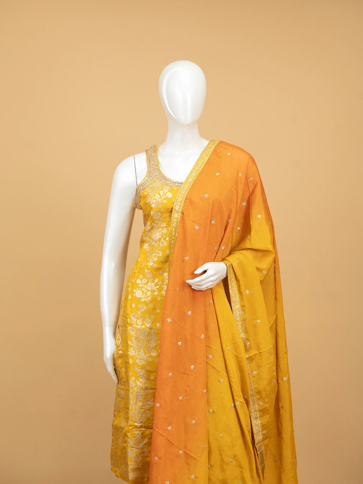 Mustard Yellow zari floral woven silk straight cut kurti set with orange dupatta