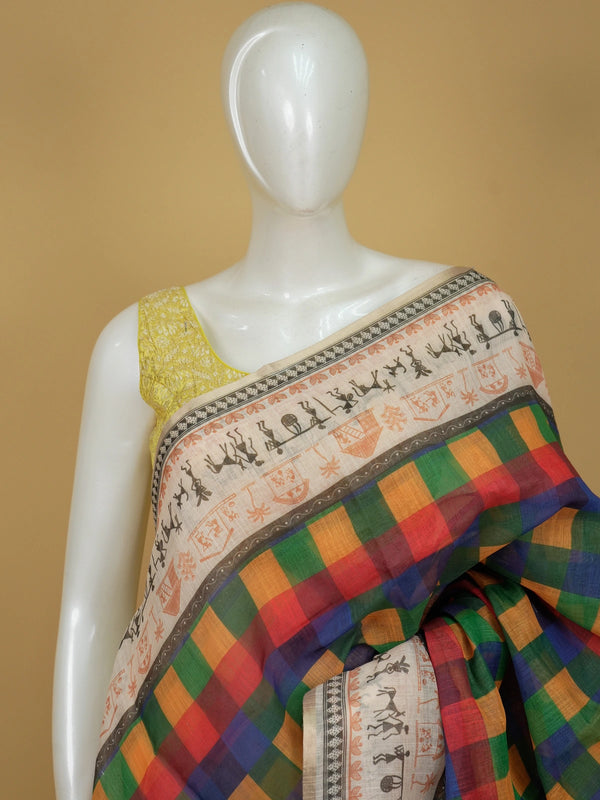 Multicolour checked linen cotton saree with cream Warli tribal-print border and contrast yellow blouse