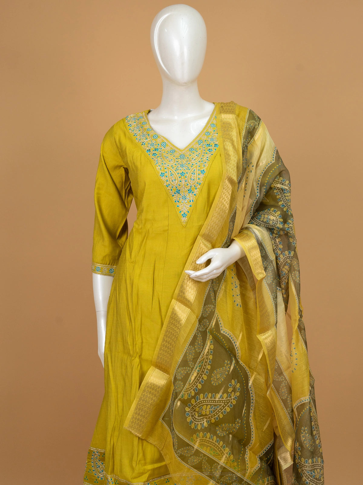 Mustard Yellow embroidered art silk A-line kurti set with turquoise neckline embroidery and paisley print dupatta