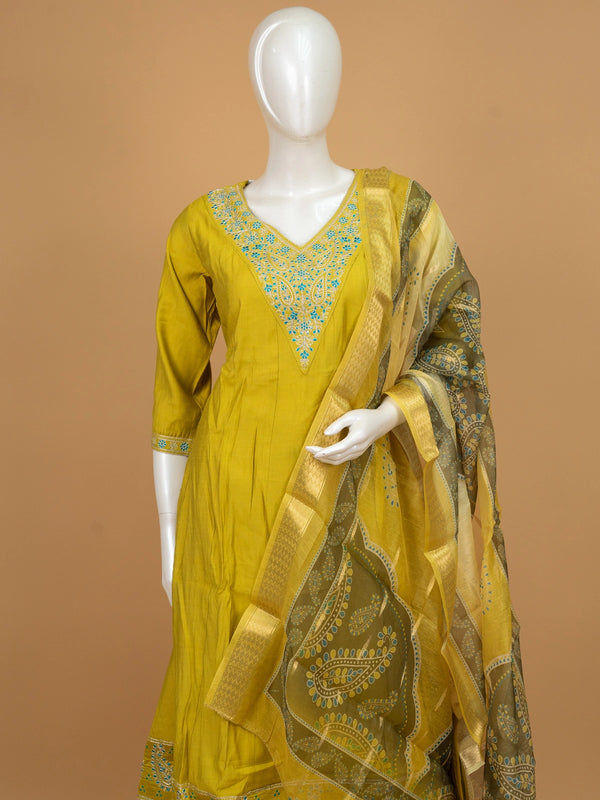 Mustard Yellow embroidered art silk A-line kurti set with turquoise neckline embroidery and paisley print dupatta