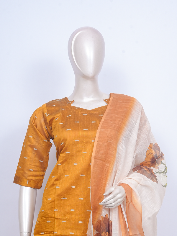 Mustard woven kurti set with beige pants and cream floral-print dupatta