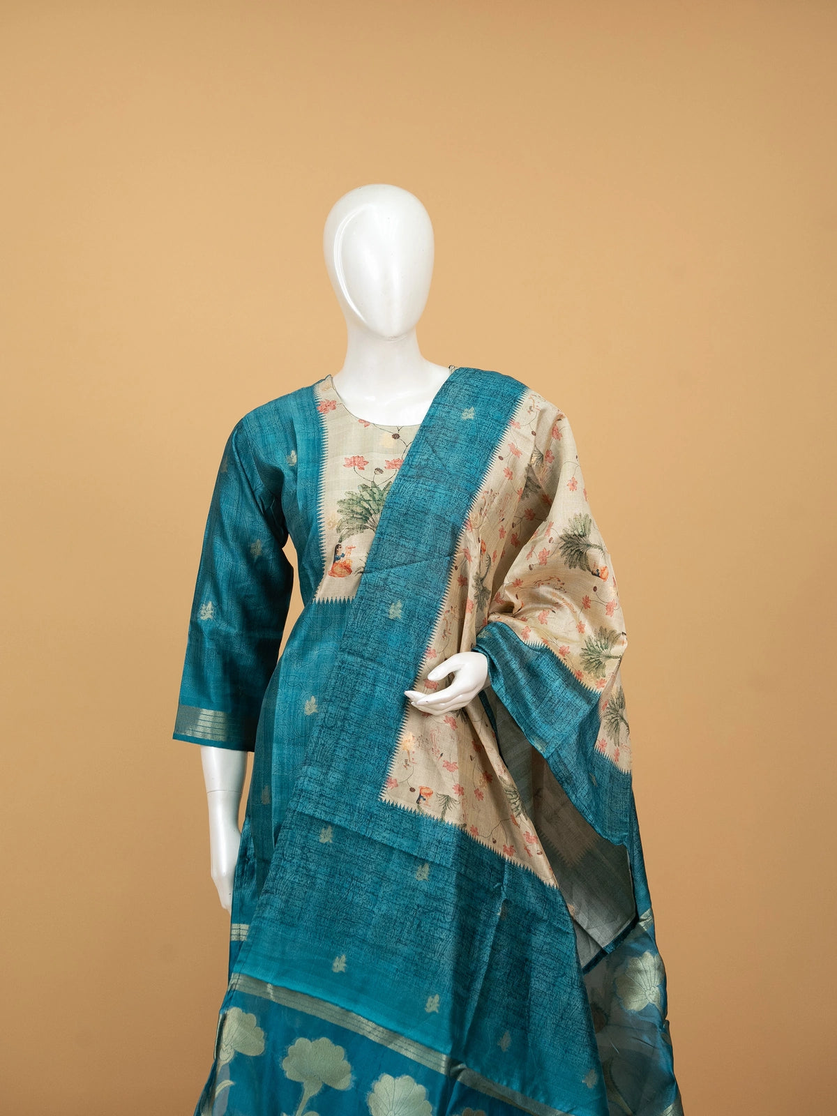 Teal tussar silk Pichwai printed straight cut kurti set with beige peacock dupatta and pants