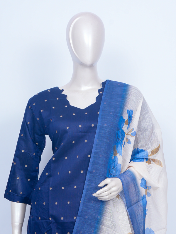 Navy blue zari butti kurti set with beige pants and cream blue floral print dupatta