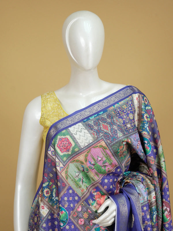 Royal blue multicolour Dola silk saree with patchwork print and gold zari border