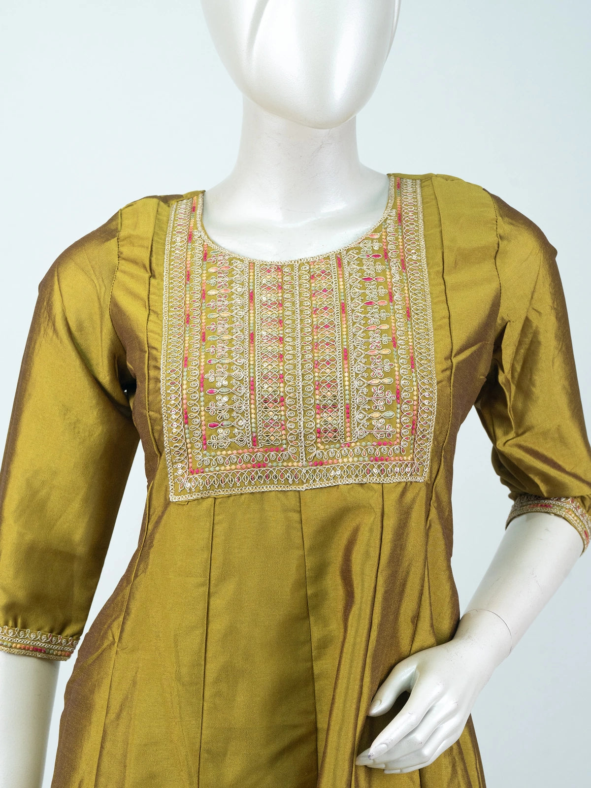 Mehendi Green art silk embroidered Anarkali kurti top with multicolour Zari yoke work
