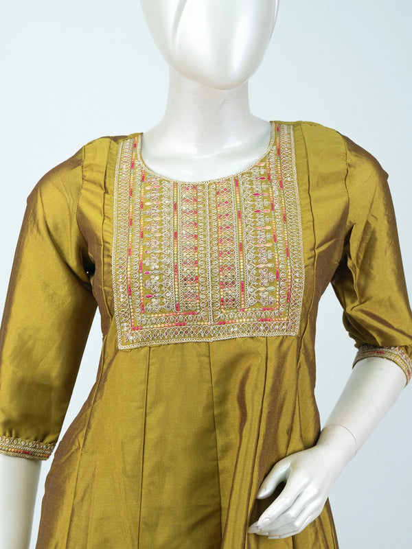 Mehendi Green art silk embroidered Anarkali kurti top with multicolour Zari yoke work