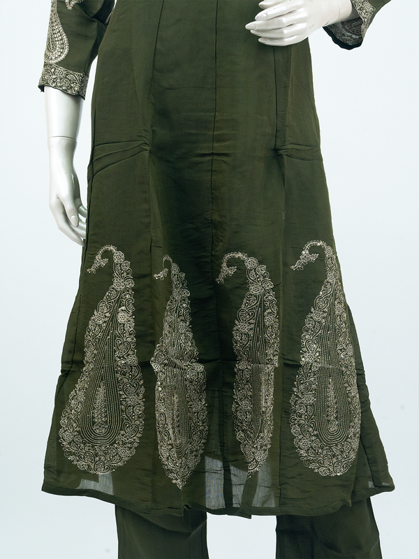 Olive green A-line kurti set with gold zari paisley embroidery, straight pants and matching dupatta