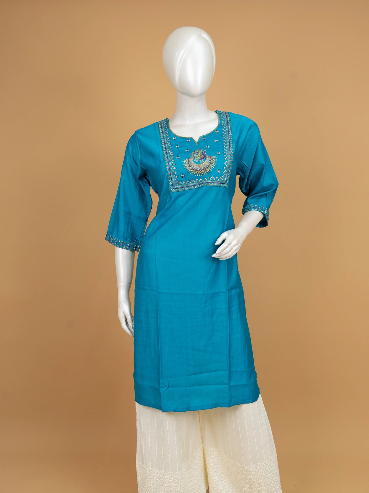 Teal Blue peacock embroidered cotton silk Anarkali kurti top with zari and sequin yoke work