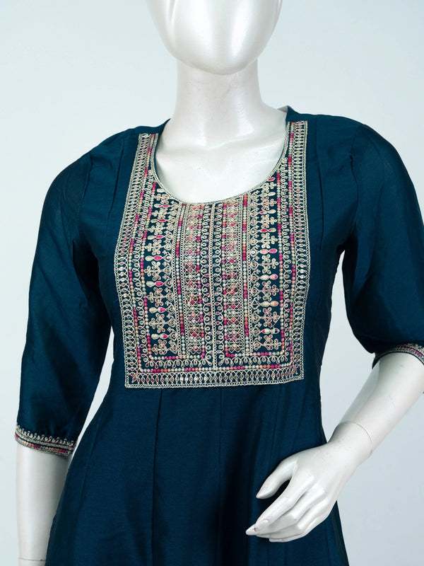 Teal Blue Embroidered Art Silk Anarkali Kurti Top with multicolour zari yoke