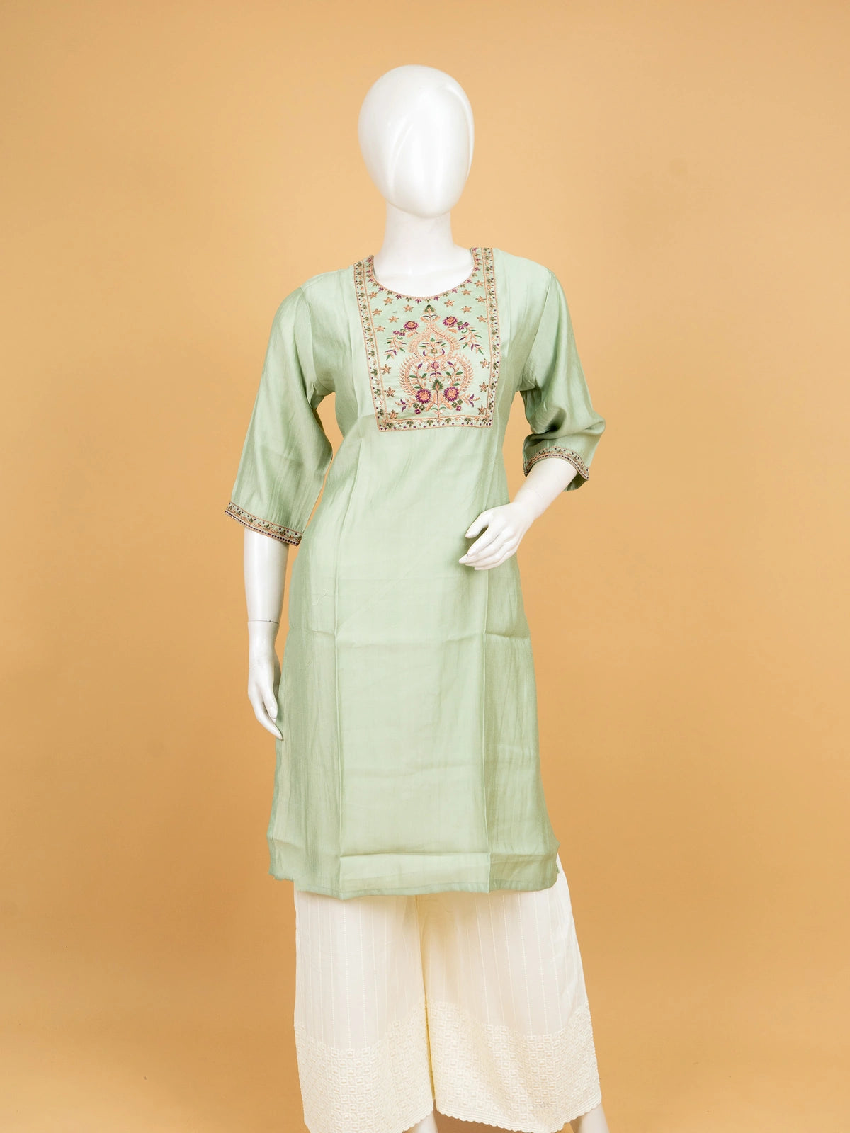 Sage green embroidered Chanderi silk Anarkali kurti top with floral zari yoke