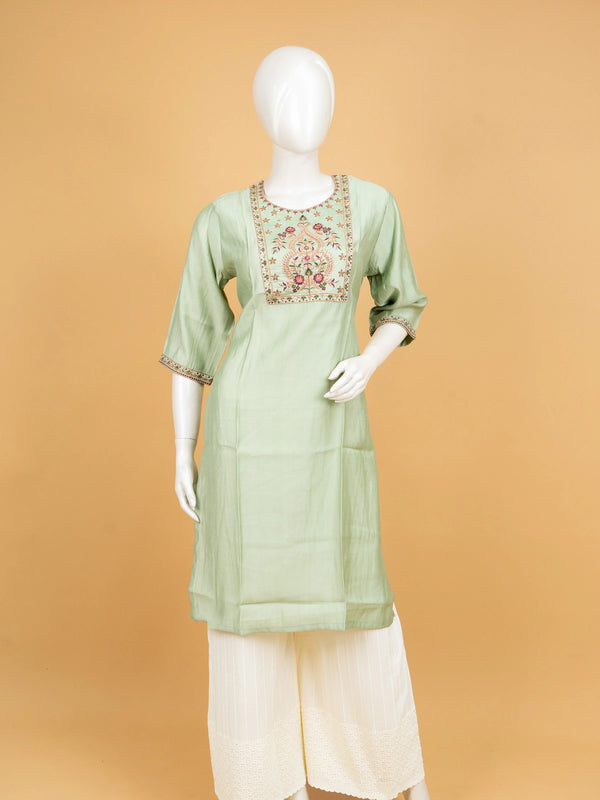 Sage green embroidered Chanderi silk Anarkali kurti top with floral zari yoke