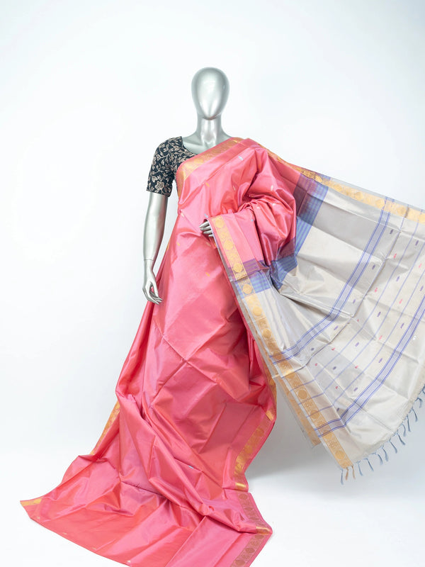 Rose pink Banana silk saree with cream lavender-striped pallu and gold zari border