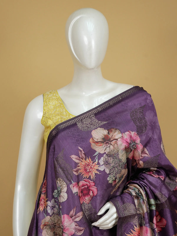 Purple Semi Tussar saree with multicolour floral print and woven zari border