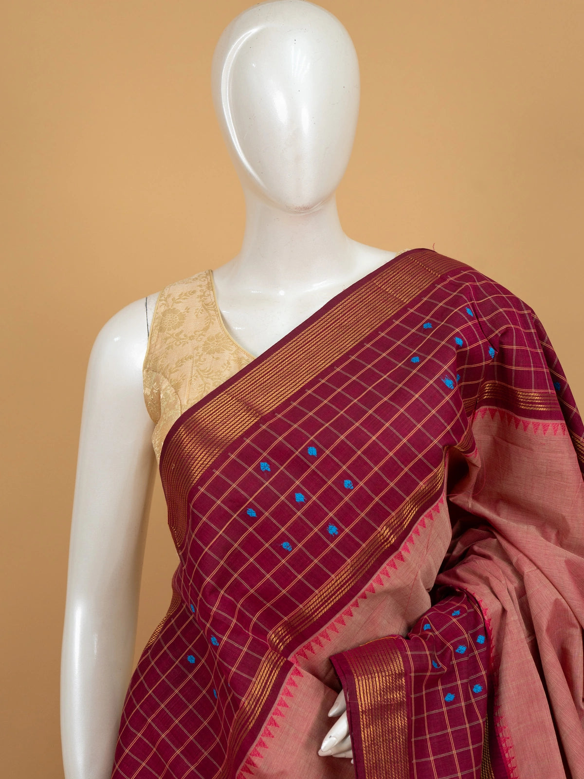 Wine magenta and rose pink Chettinad cotton saree with gold zari checks, blue buttas and temple-thread border