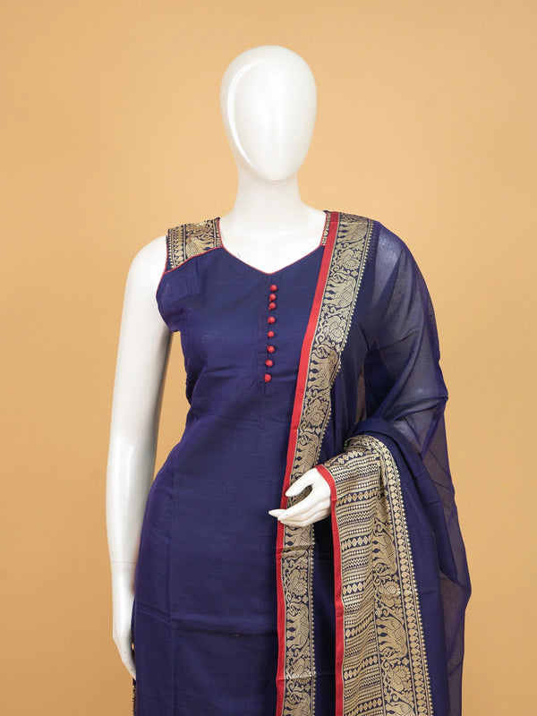 Navy Blue cotton straight cut kurti set with gold zari elephant border, red potli buttons and matching dupatta