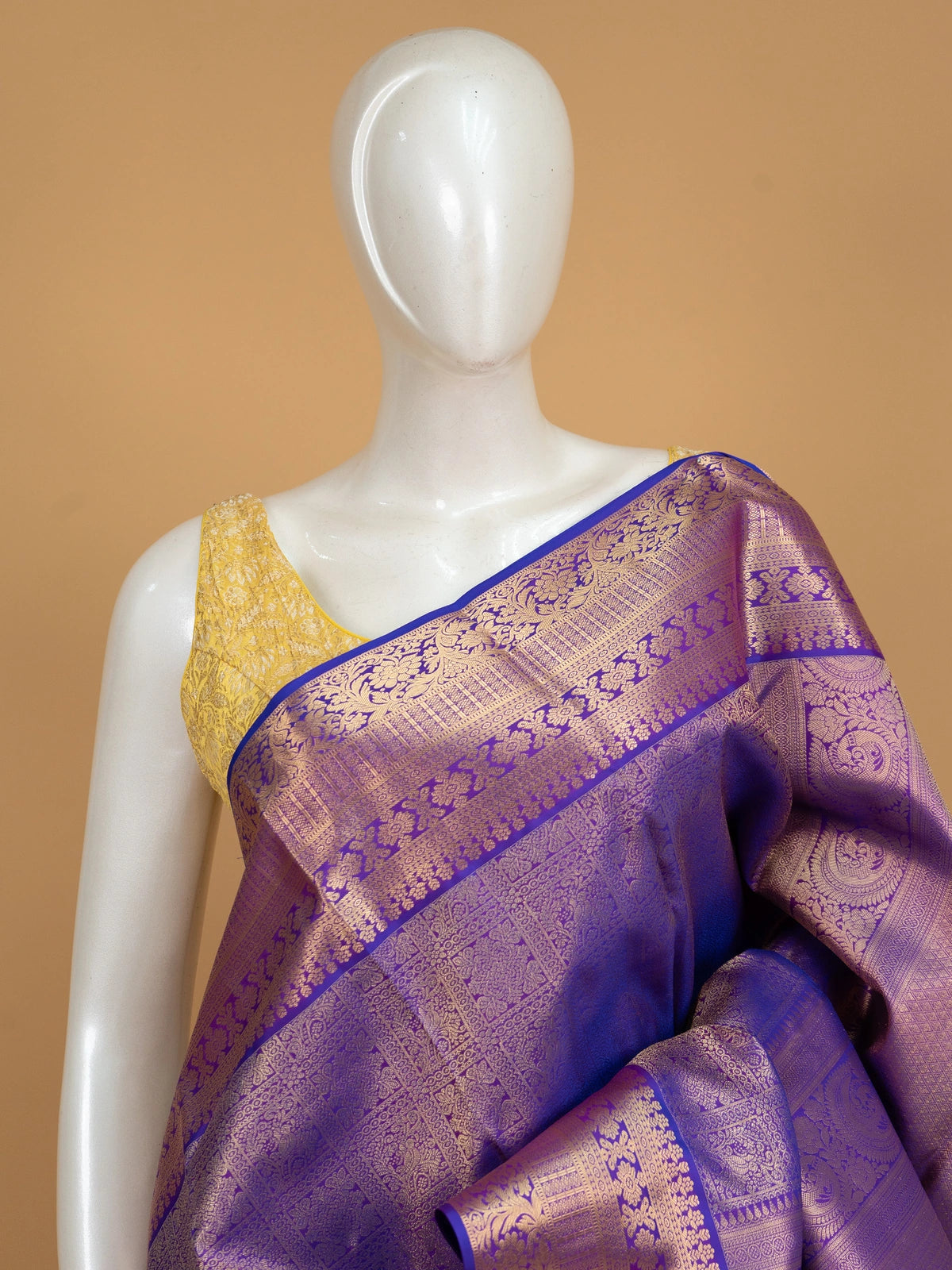 Violet pure Kanchipuram silk saree with all-over gold zari brocade and contrast border
