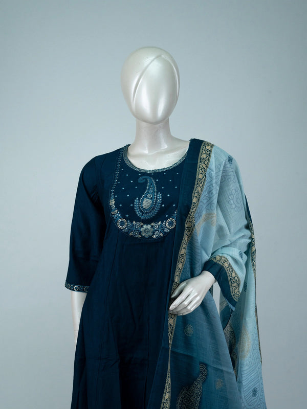 Teal blue cotton embroidered A-line kurti set with light blue printed dupatta