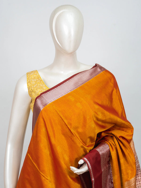 Mustard orange semi silk saree with maroon silver zari contrast border and woven pallu