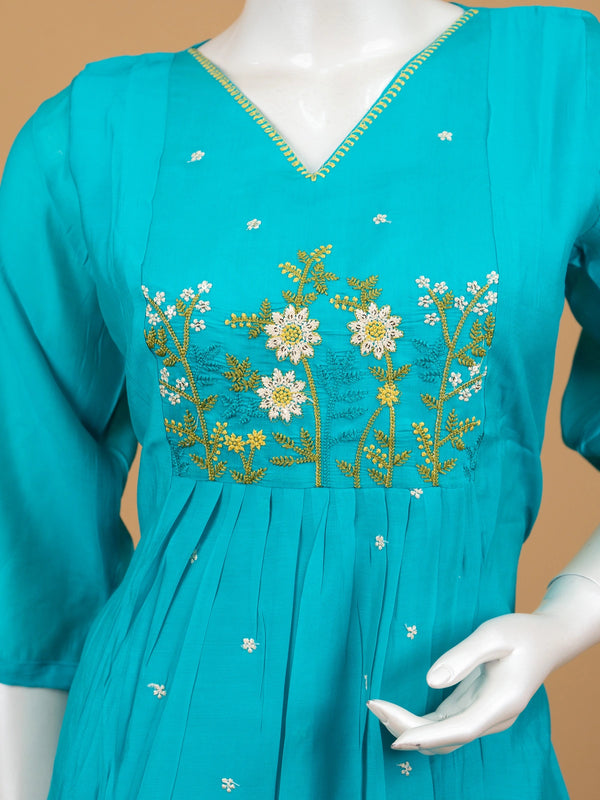 Teal floral embroidered cotton blend Anarkali kurti top with 3/4th sleeves