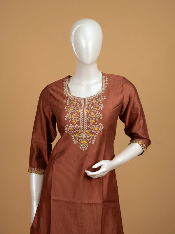 Rust brown embroidered cotton silk straight cut kurti top with floral neckline work