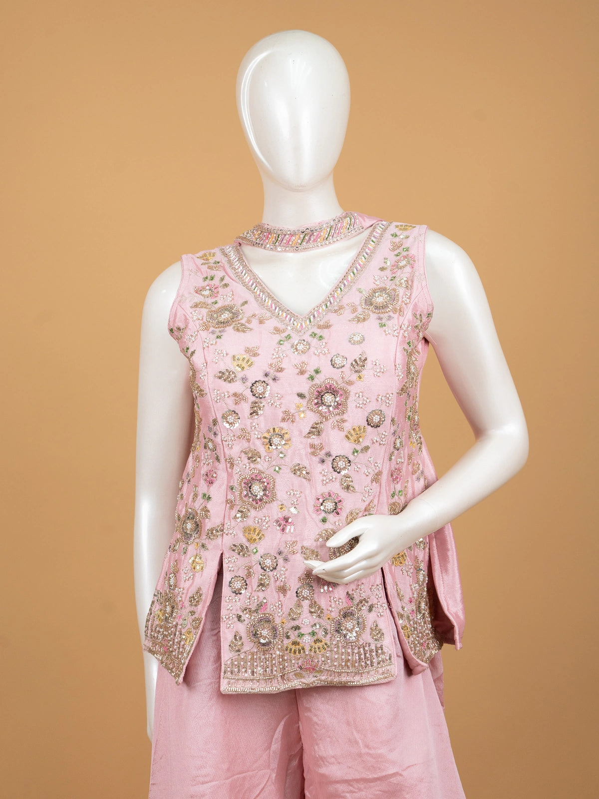 Pink floral embroidered art silk straight cut kurti set with palazzo pants and dupatta
