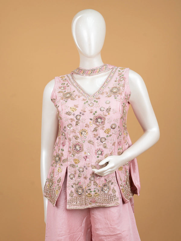 Pink floral embroidered art silk straight cut kurti set with palazzo pants and dupatta