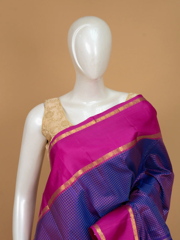 Royal blue pure Kanchipuram silk saree with gold zari checks and contrast magenta pink zari border