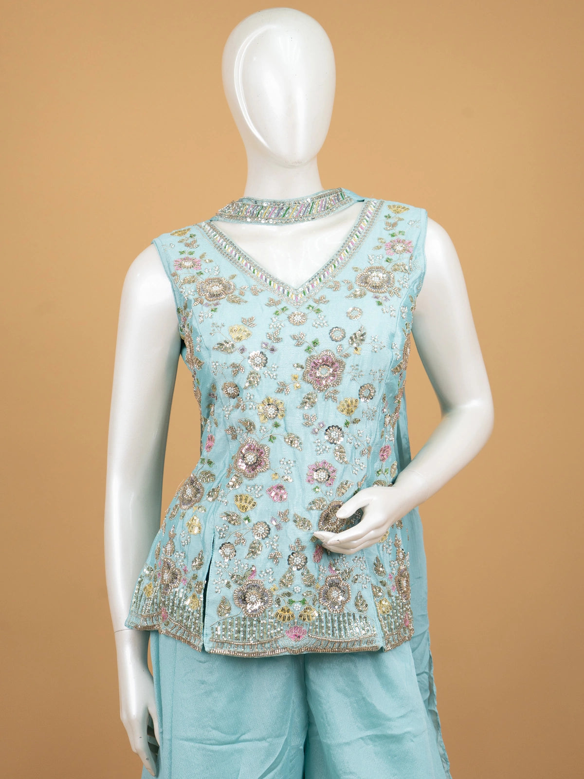 Aqua Blue floral embroidered art silk sleeveless straight cut kurti set with palazzo pants