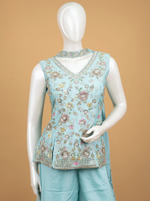 Aqua Blue floral embroidered art silk sleeveless straight cut kurti set with palazzo pants