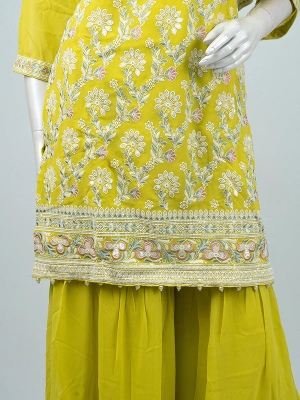 Lime Yellow Georgette Floral Embroidered Straight Cut Kurti Set with Sharara and Dupatta