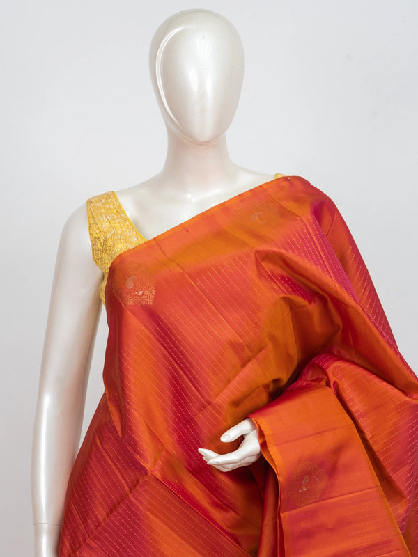 Orange and red pure soft silk saree with gold zari border and maroon-red pallu